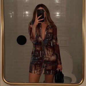 12th Tribe Pollock Brown Button Up Mesh Dress -Medium